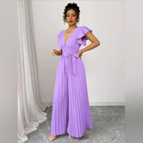 Women V-Neck Ruffled Sleeve Pleated Wide Leg Jumpsuit With Waist Cincher - Picture 3 of 5